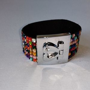 ❤️ Vintage-Style Bracelet Multi Color Black Fabric Back Silver Heart Clasp